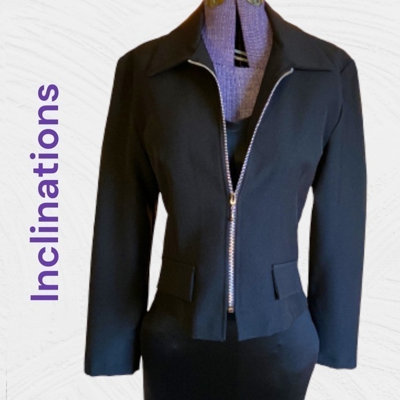 𝅺inclinations Retro 80s Cropped Black Zippered Jacket Sz Large - Picture 2 of 10